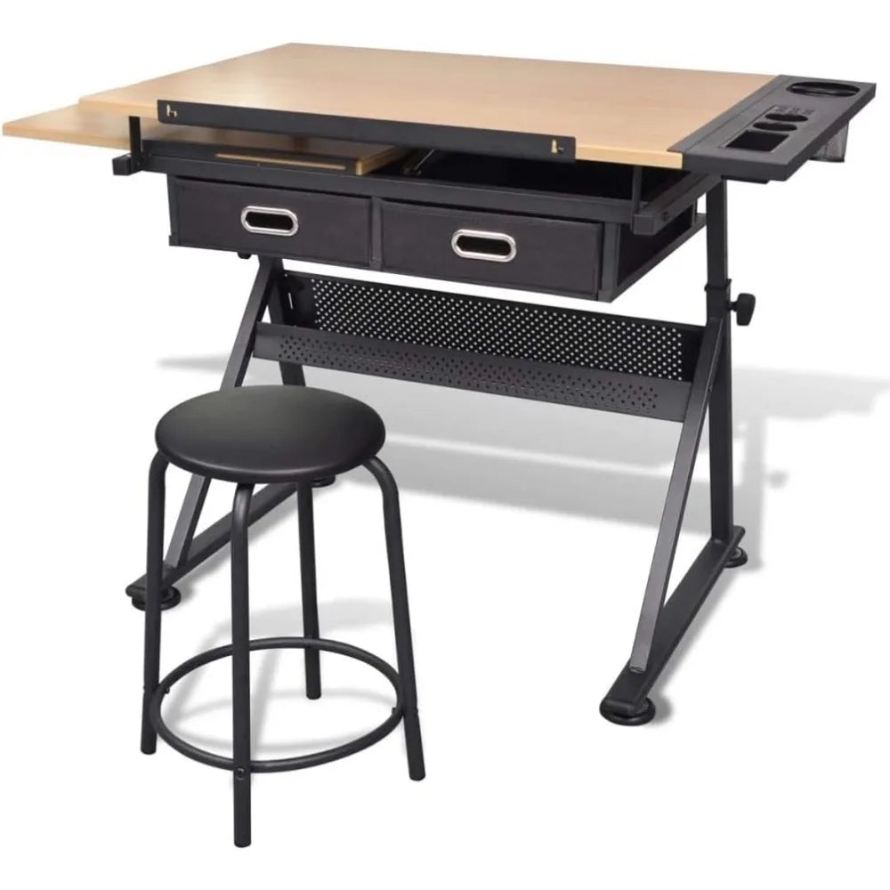 Adjustable Drafting Table With Tilt Top And Storage Drawers