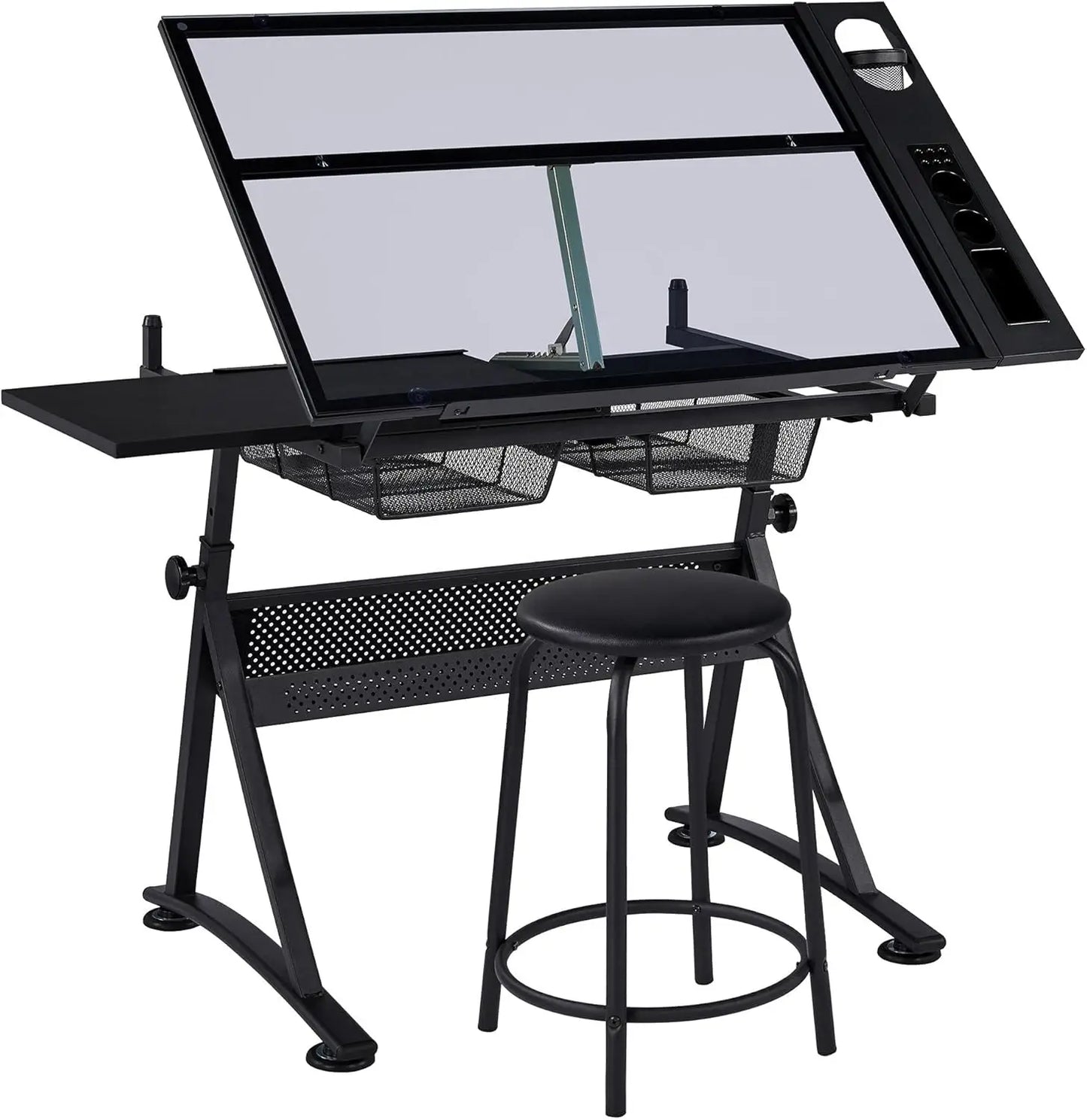 Adjustable Drafting Table With Stool Tilting Glass Top