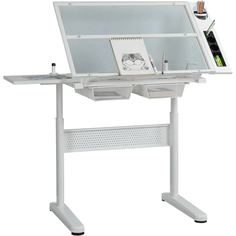 Color Adjustable Drafting Table With Tilting Glass Tabletop