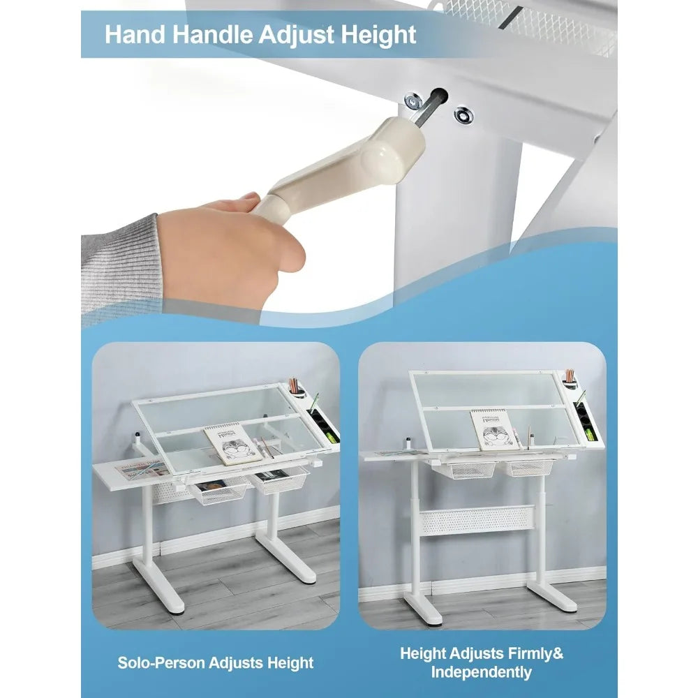 Color Adjustable Drafting Table With Tilting Glass Tabletop