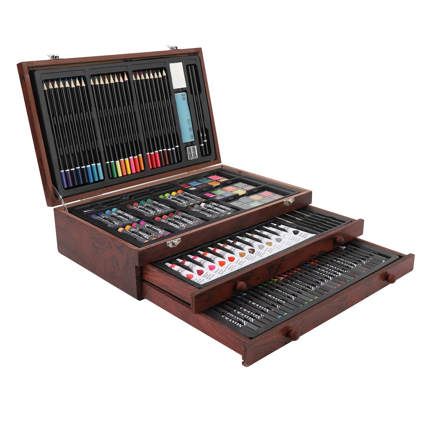 Creative Wood Box Art Set with Pencils Pastels and Crayons