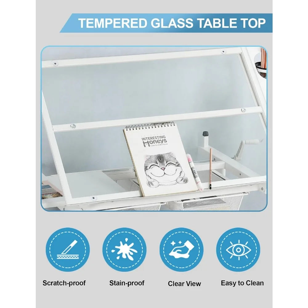 Color Adjustable Drafting Table With Tilting Glass Tabletop