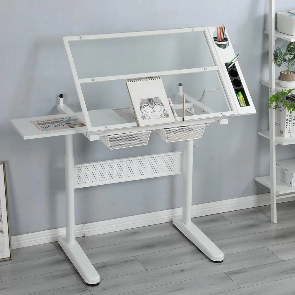 Color Adjustable Drafting Table With Tilting Glass Tabletop