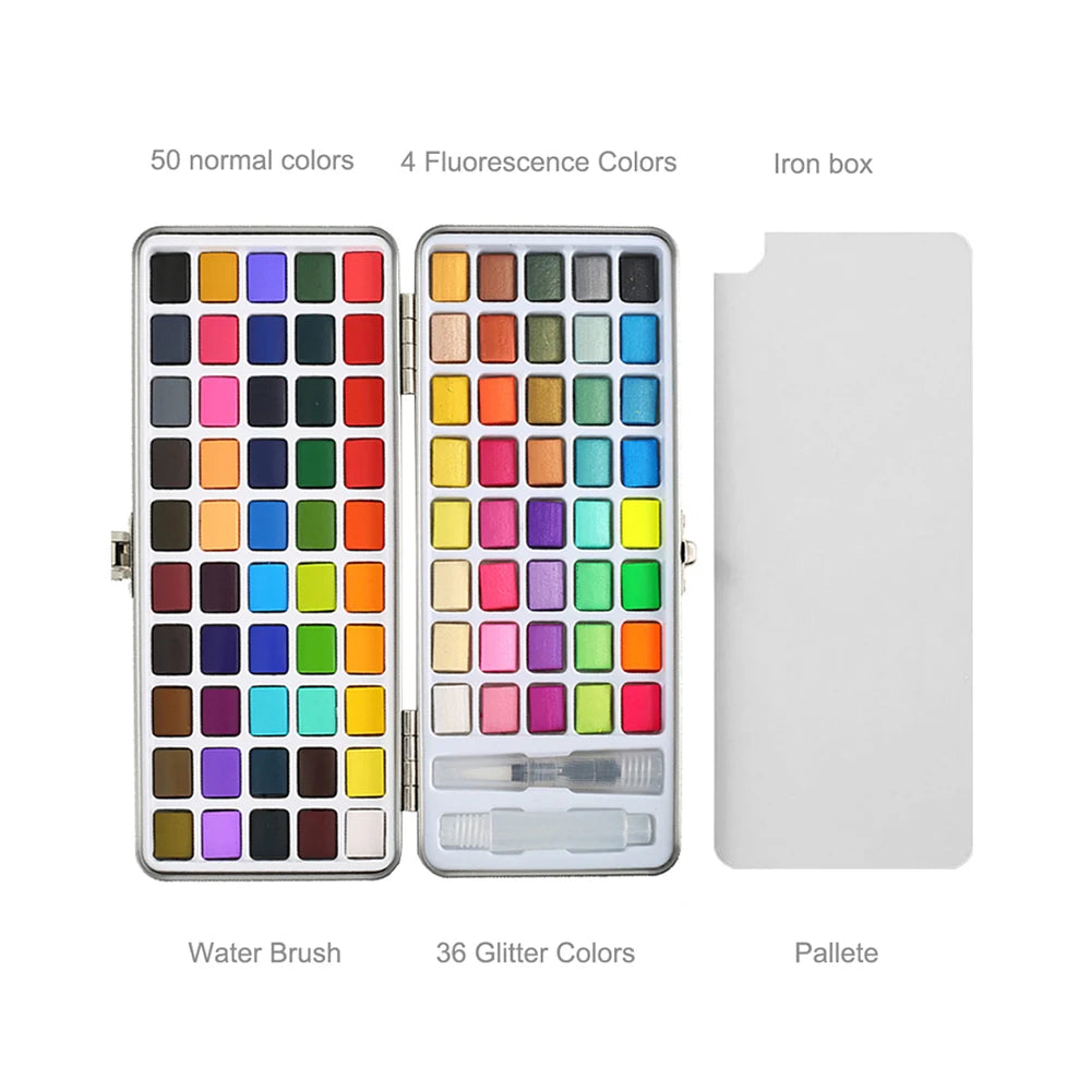 Portable Glitter Watercolor Paint Set With Natural Brush