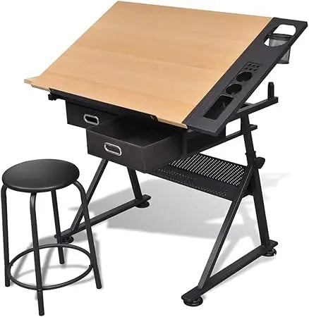 Adjustable Drafting Table With Tilt Top And Storage Drawers