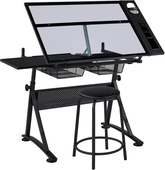 Adjustable Drafting Table With Stool Tilting Glass Top