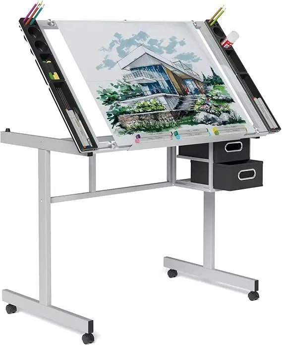 TIFICY Adjustable Drafting Table With Glass Top And Storage