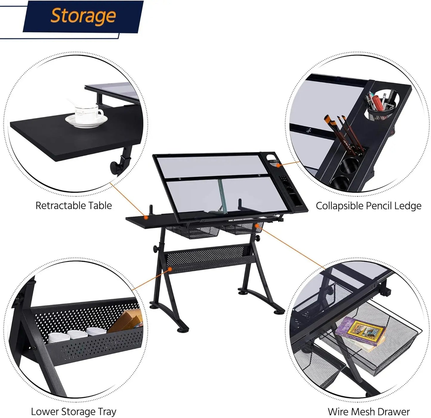 Adjustable Drafting Table With Stool Tilting Glass Top