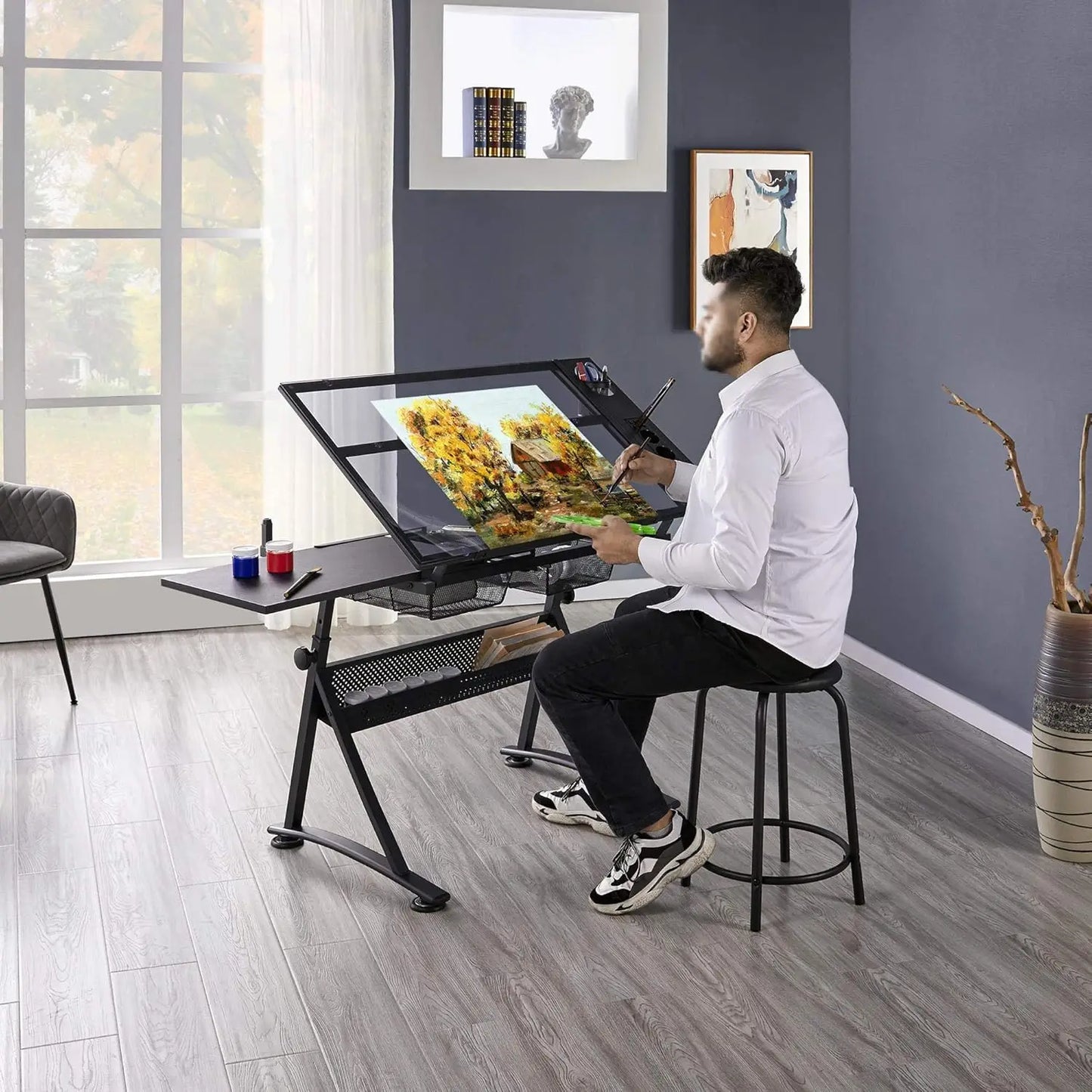 Adjustable Drafting Table With Stool Tilting Glass Top