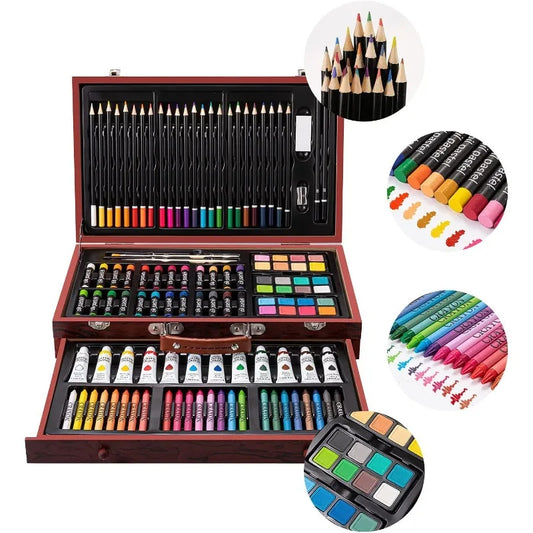 Deluxe Wooden Art Set Watercolors Brushes Pads Canvases