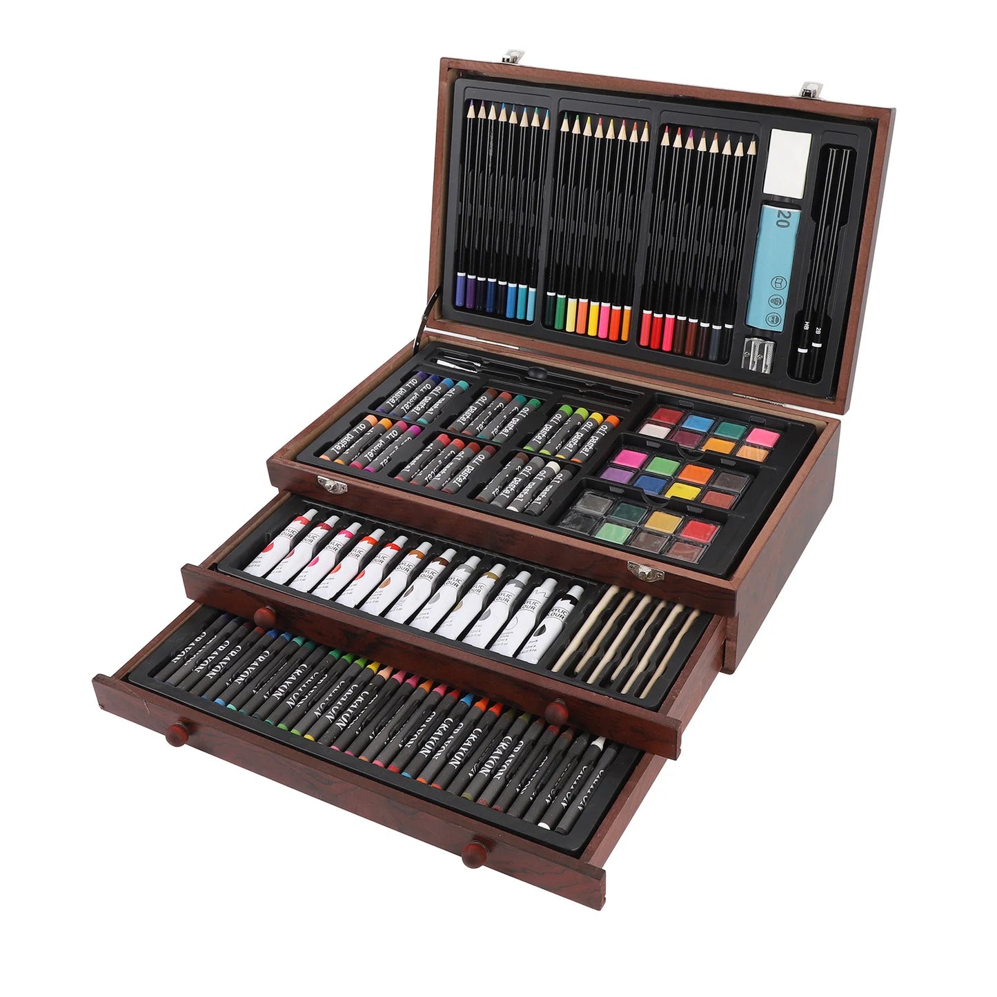 Creative Wood Box Art Set with Pencils Pastels and Crayons