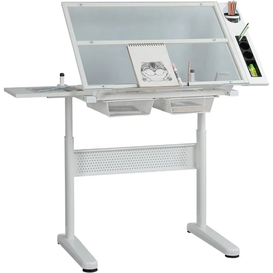 Color Adjustable Drafting Table With Tilting Glass Tabletop