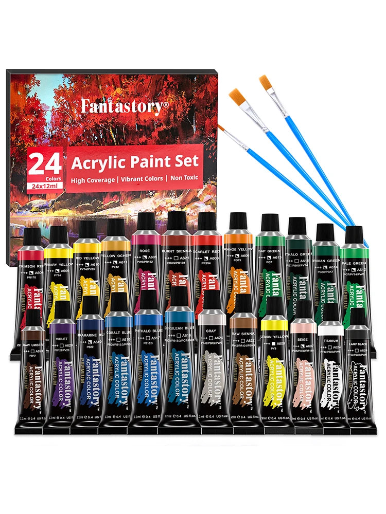 Fantastory Acrylic Paint Set With Three Paint Brushes