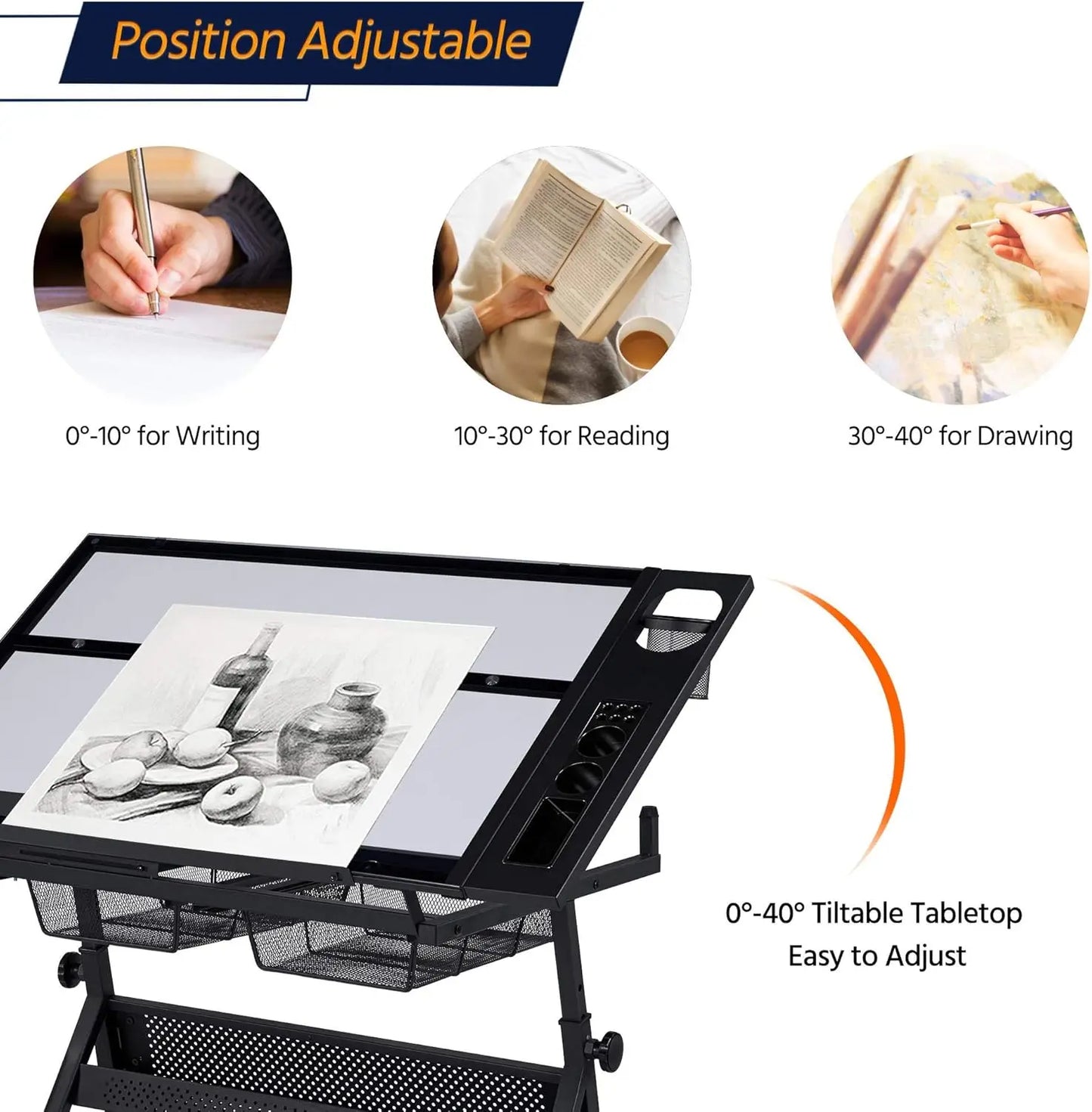 Adjustable Drafting Table With Stool Tilting Glass Top
