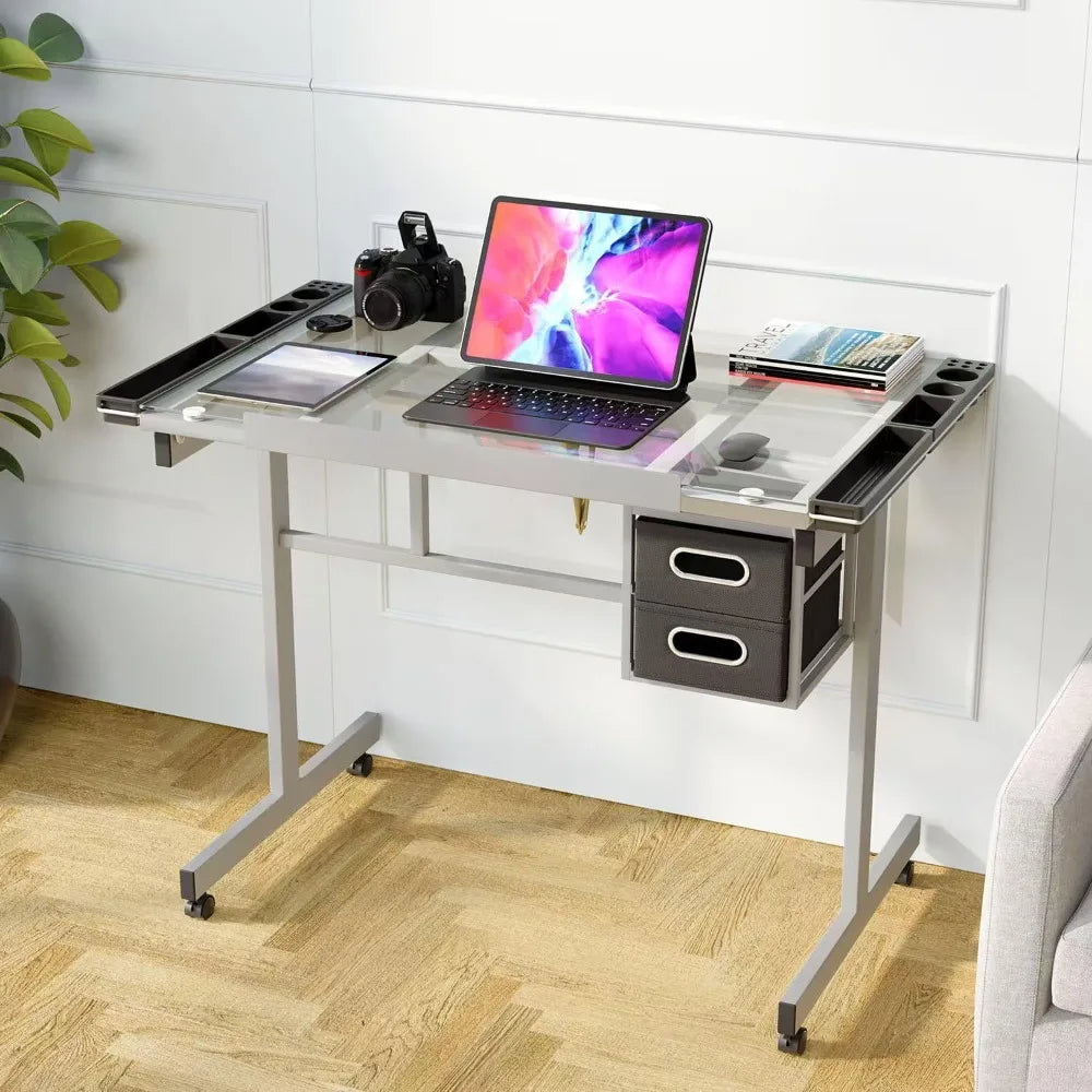 TIFICY Adjustable Drafting Table With Glass Top And Storage