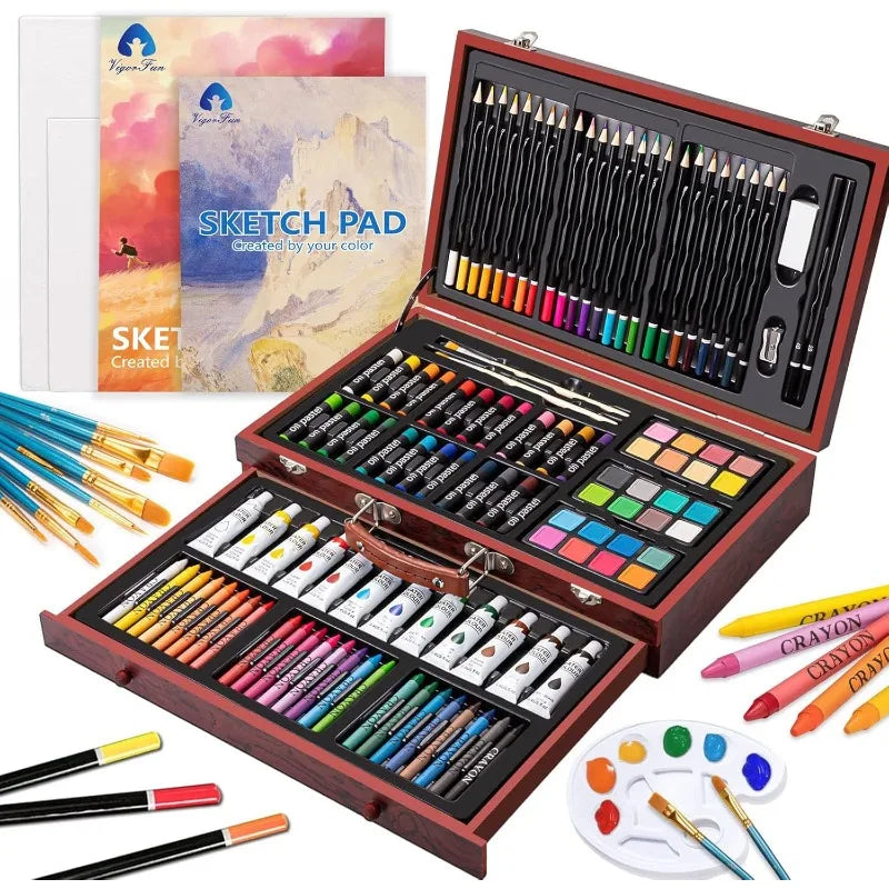 Deluxe Wooden Art Set Watercolors Brushes Pads Canvases