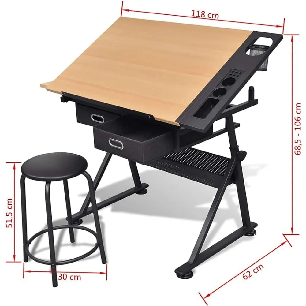 Adjustable Drafting Table With Tilt Top And Storage Drawers