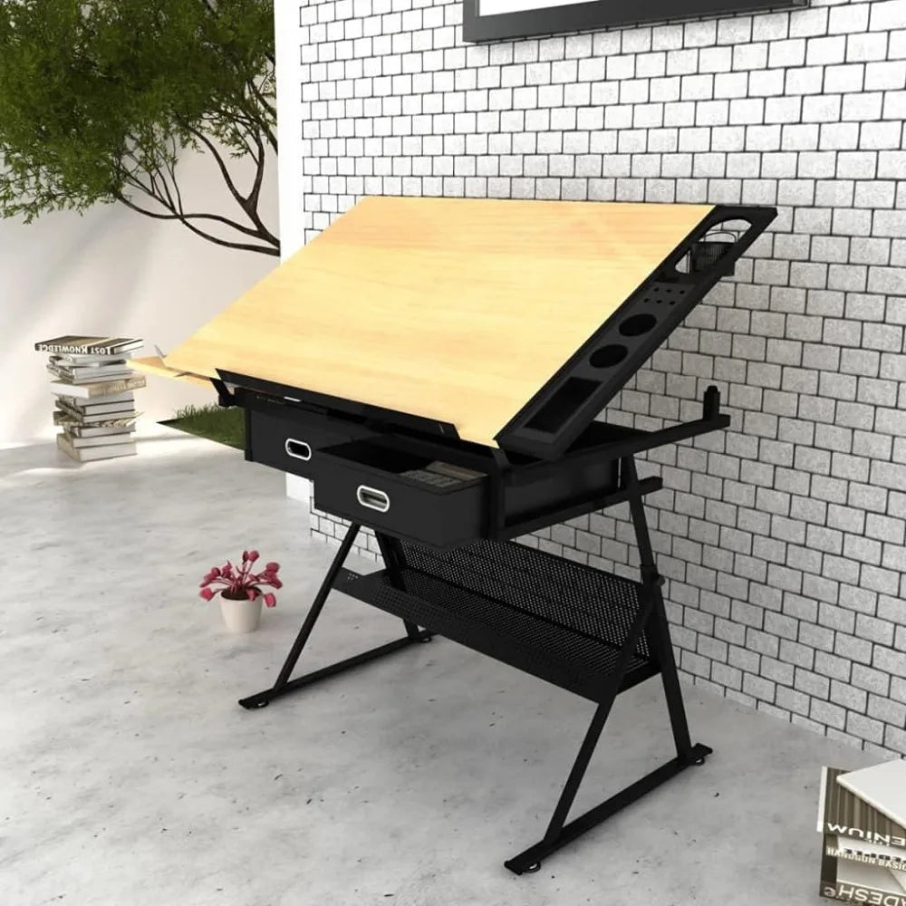 Adjustable Drafting Table With Tilt Top And Storage Drawers