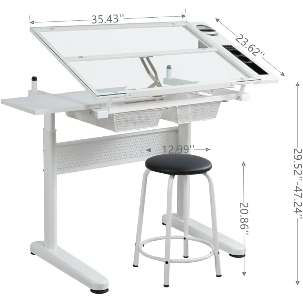 Color Adjustable Drafting Table With Tilting Glass Tabletop