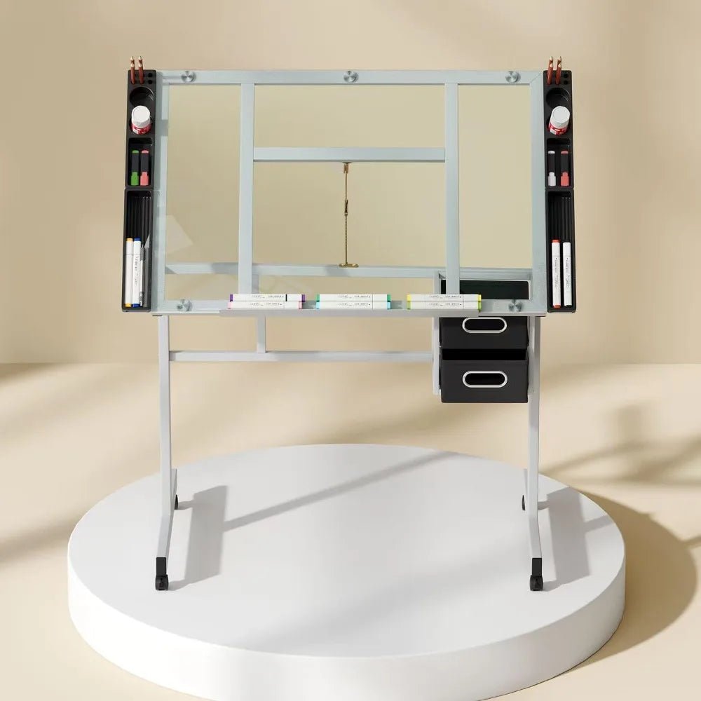 TIFICY Adjustable Drafting Table With Glass Top And Storage