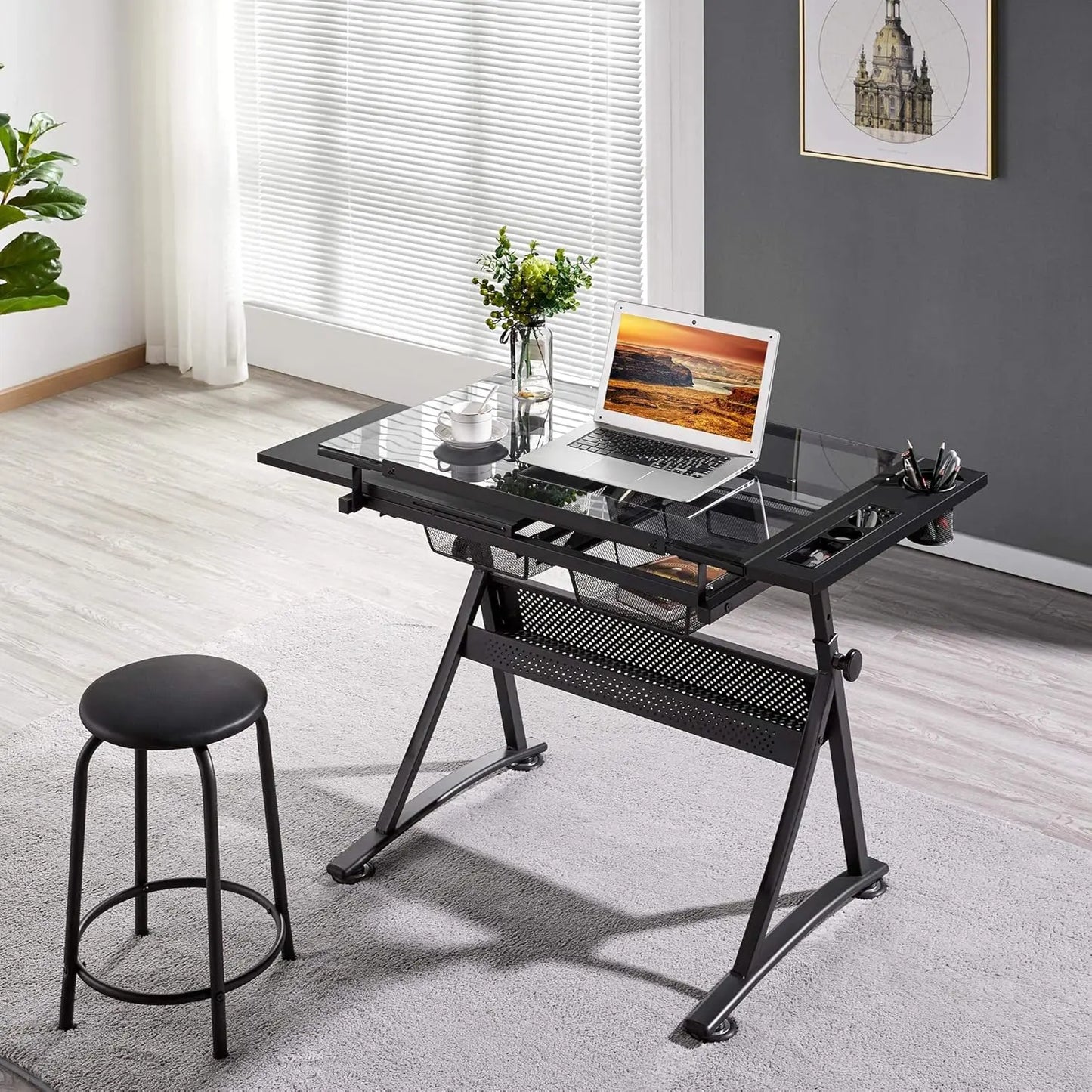 Adjustable Drafting Table With Stool Tilting Glass Top