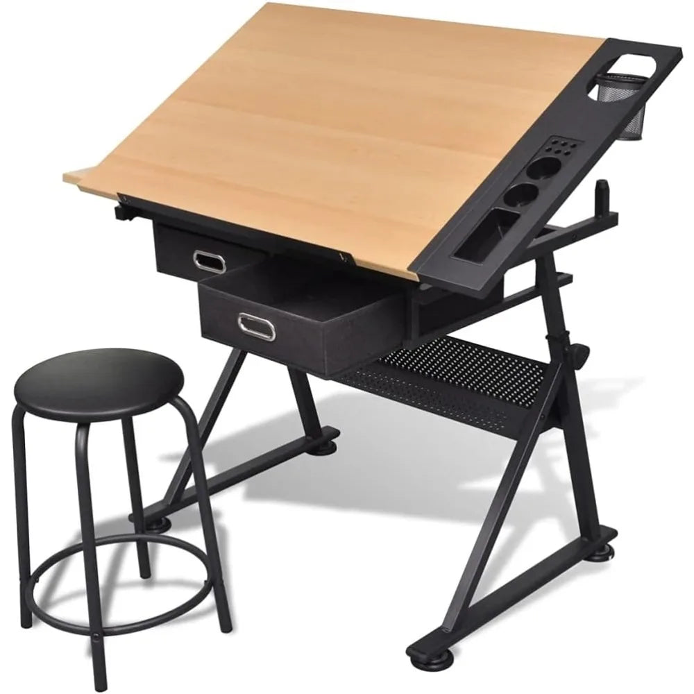 Adjustable Drafting Table With Tilt Top And Storage Drawers