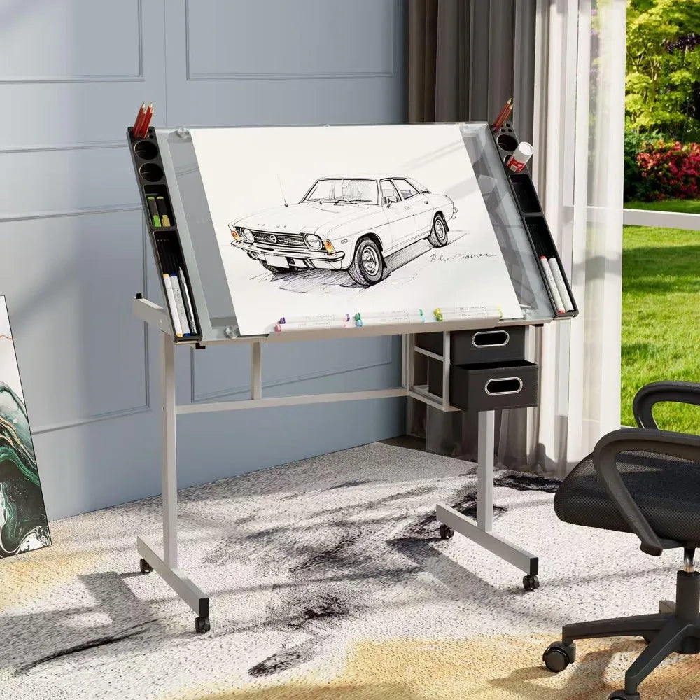 TIFICY Adjustable Drafting Table With Glass Top And Storage