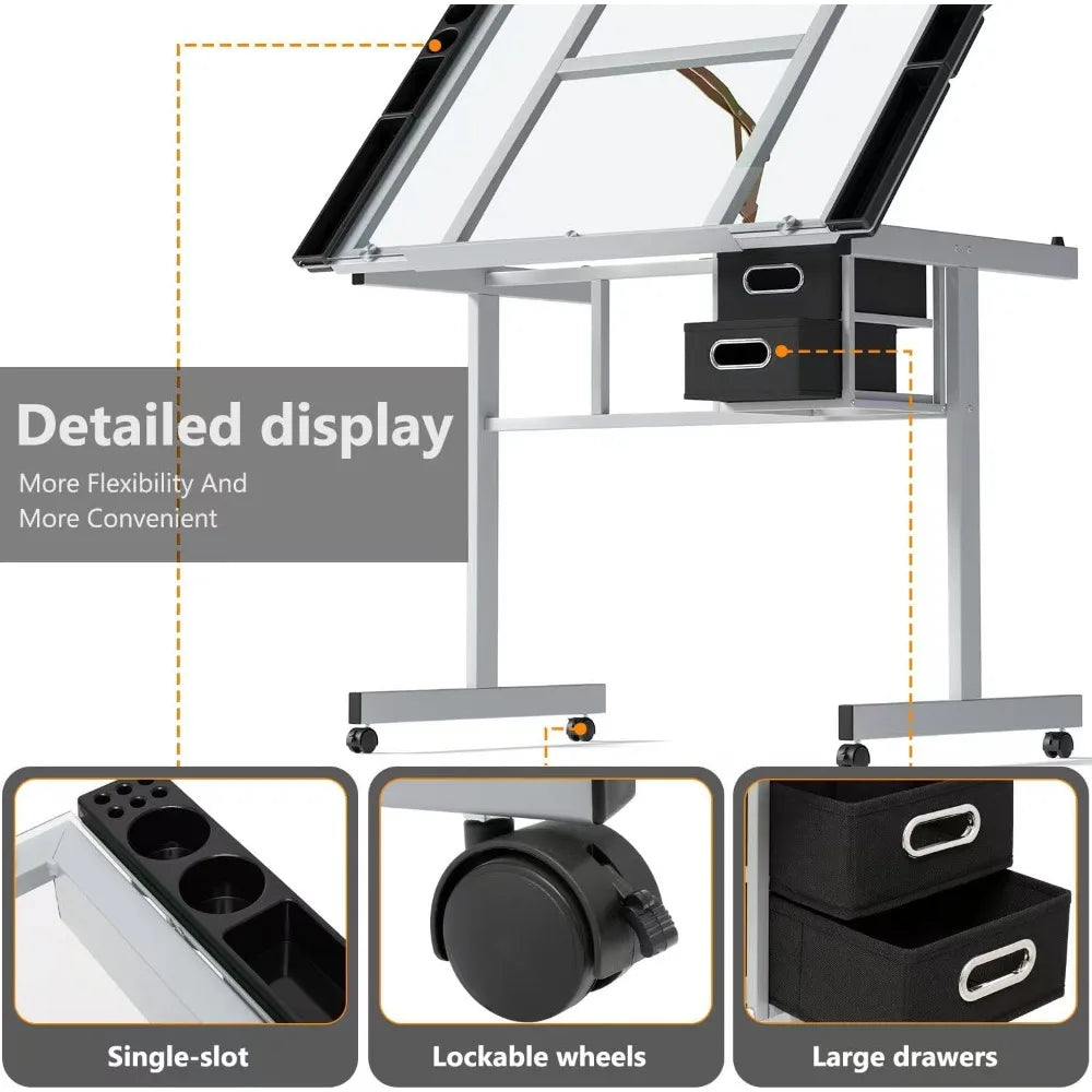TIFICY Adjustable Drafting Table With Glass Top And Storage