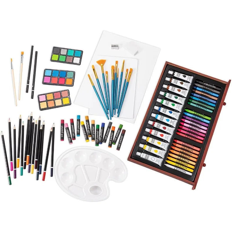 Deluxe Wooden Art Set Watercolors Brushes Pads Canvases
