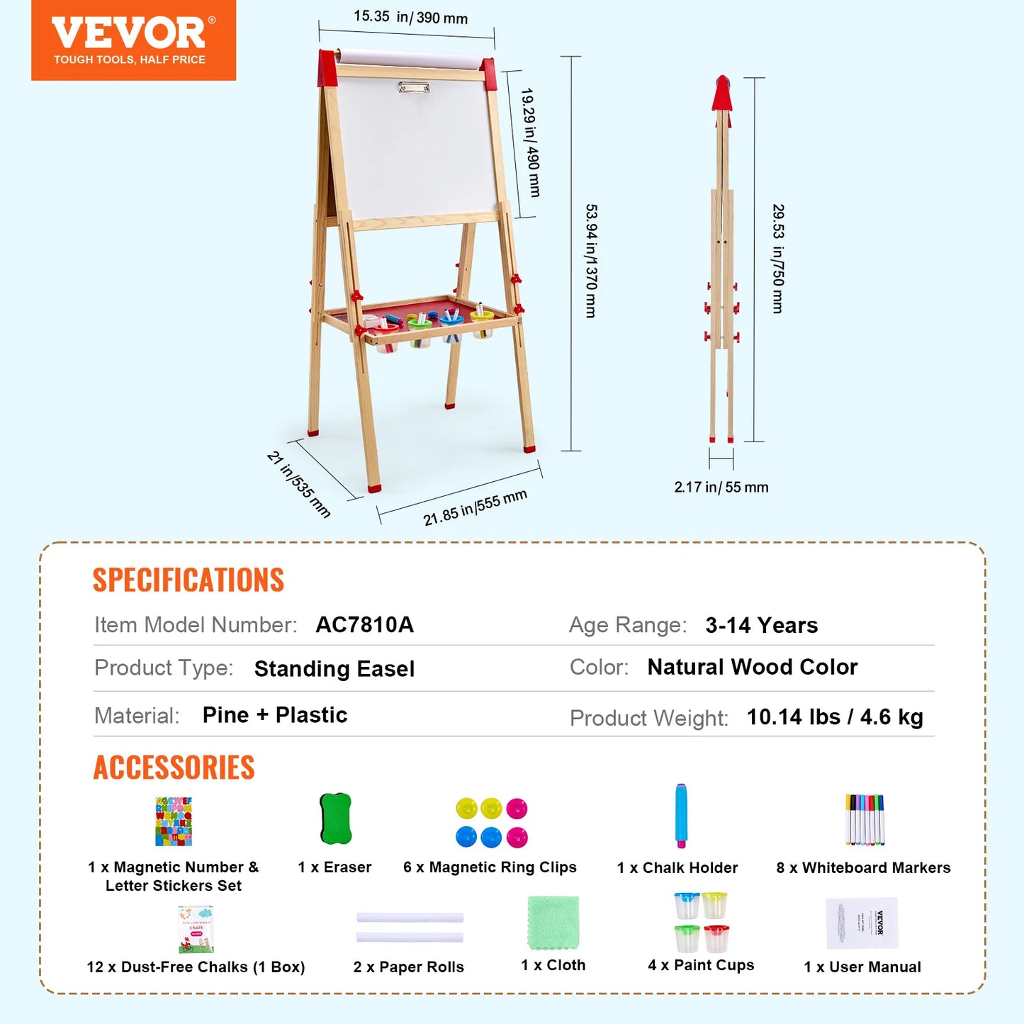 Wooden Magnetic Double Sided Kids Art Easel With Chalkboard