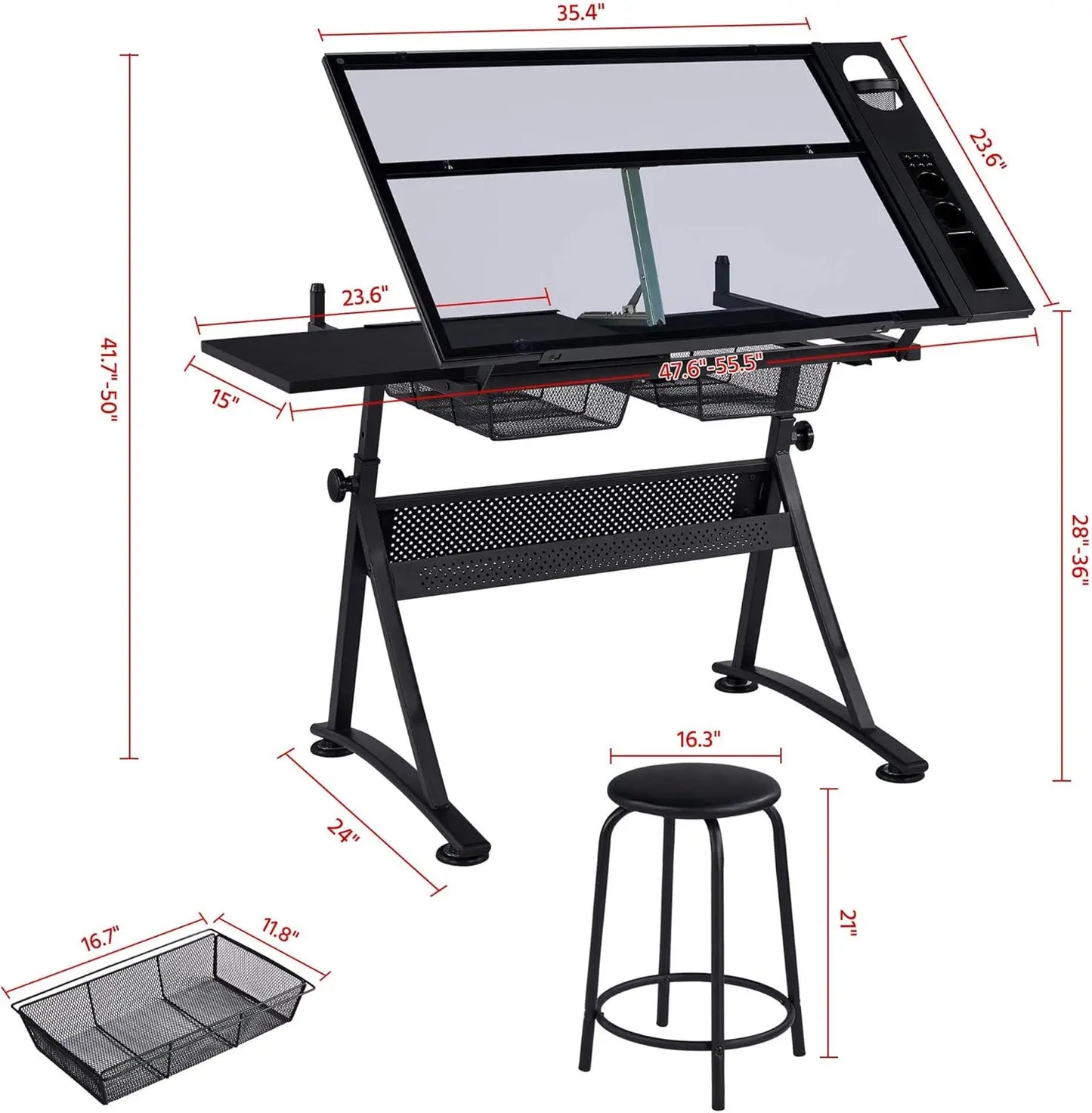 Adjustable Drafting Table With Stool Tilting Glass Top