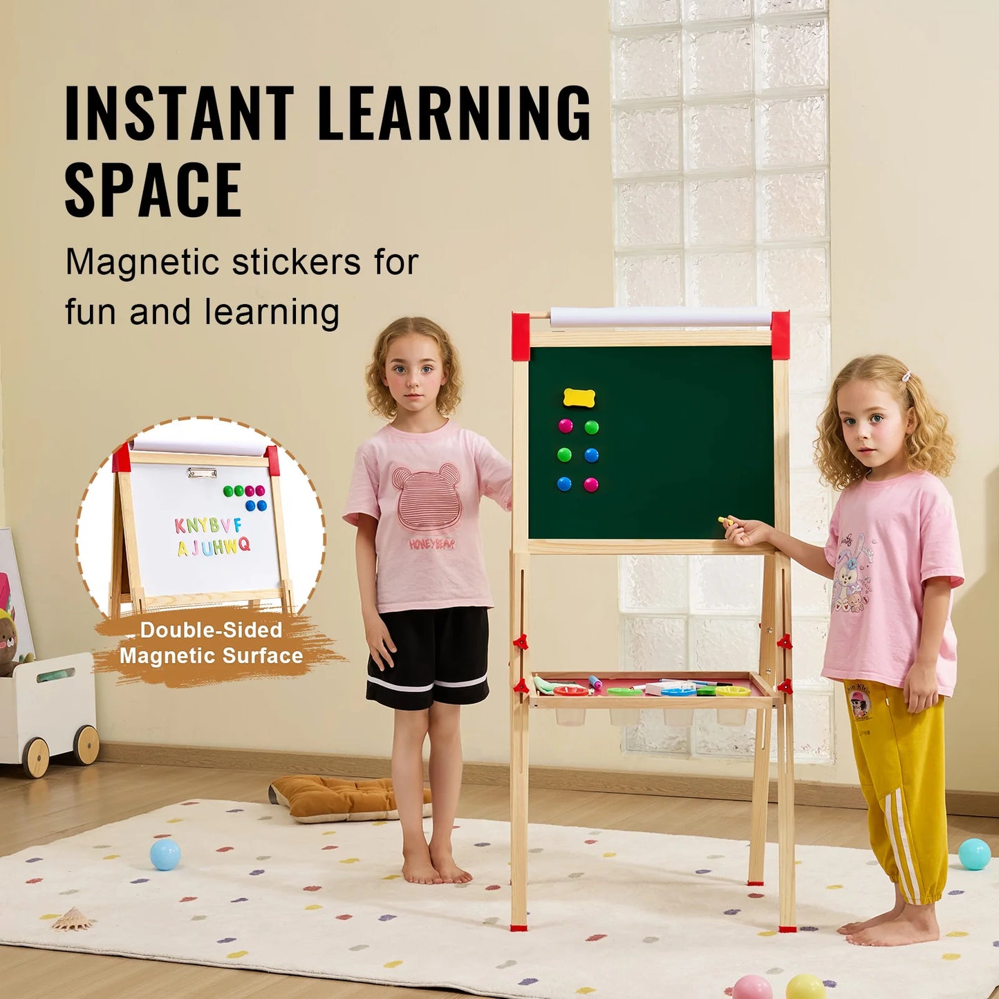 Wooden Magnetic Double Sided Kids Art Easel With Chalkboard