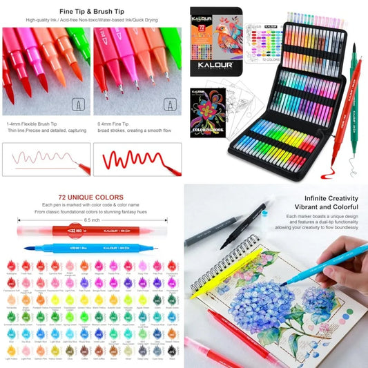 Kalour 72 Art Markers Dual Tip Brush and Fine Point