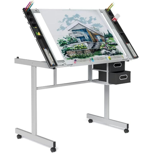 TIFICY Adjustable Drafting Table With Glass Top And Storage