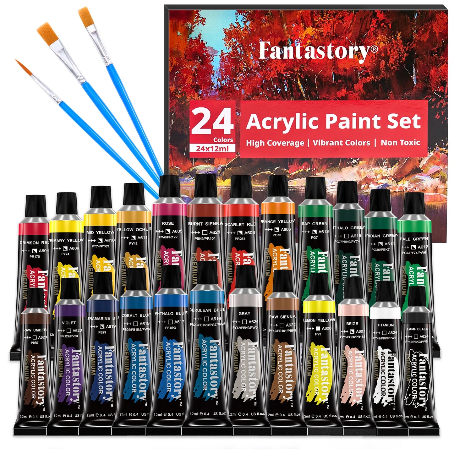 Fantastory Acrylic Paint Set With Three Paint Brushes