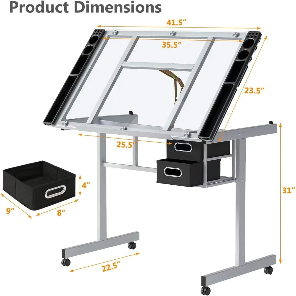 TIFICY Adjustable Drafting Table With Glass Top And Storage